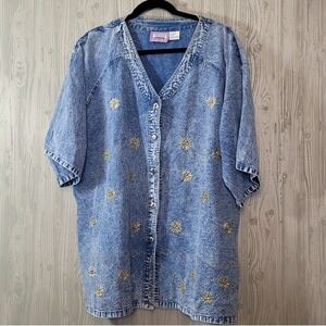 Premier Womens Vintage Denim Shirt Embellished Sunbursts Short Sleeve V Neck